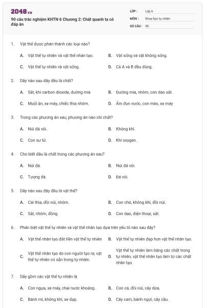 90 câu trắc nghiệm KHTN 6 Chương 2: Chất quanh ta có đáp án