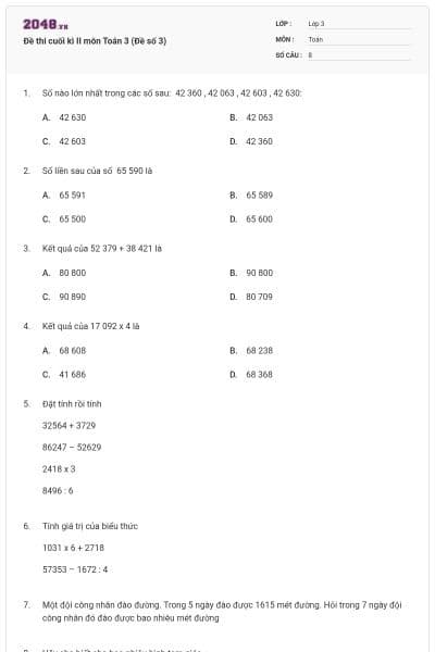 Đề thi cuối kì II môn Toán 3 (Đề số 3)