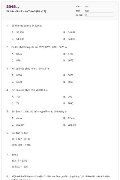 Đề thi cuối kì II môn Toán 3 (Đề số 7)