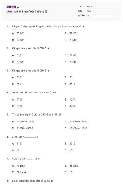 Đề thi cuối kì II môn Toán 3 (Đề số 9)