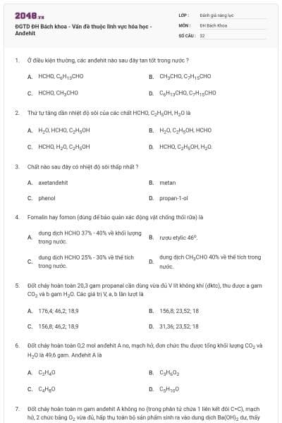 ĐGTD ĐH Bách khoa - Vấn đề thuộc lĩnh vực hóa học - Anđehit