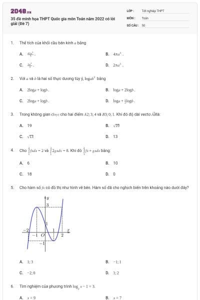 35 đề minh họa THPT Quốc gia môn Toán năm 2022 có lời giải (Đề 7)