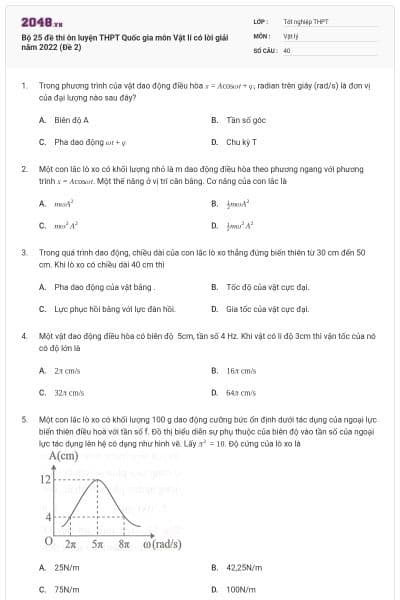 Bộ 25 đề thi ôn luyện THPT Quốc gia môn Vật lí có lời giải năm 2022 (Đề 2)
