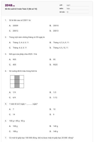 Đề thi cuối kì II môn Toán 3 (Đề số 10)