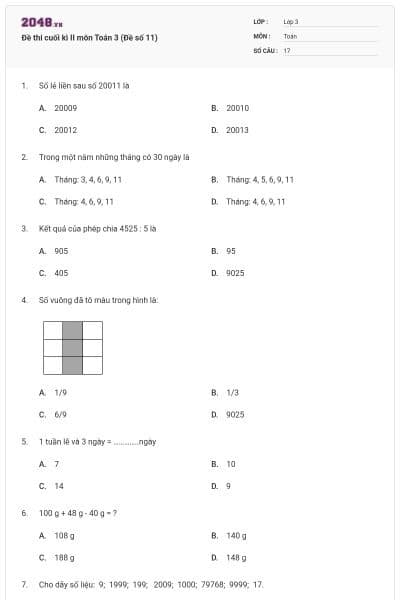 Đề thi cuối kì II môn Toán 3 (Đề số 11)