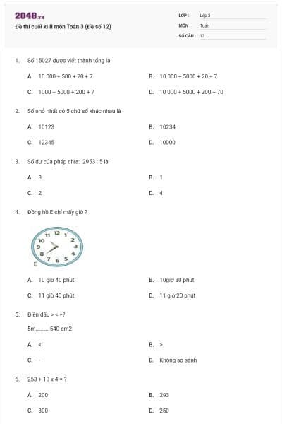 Đề thi cuối kì II môn Toán 3 (Đề số 12)