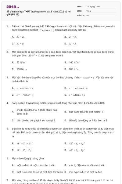 35 đề minh họa THPT Quốc gia môn Vật lí năm 2022 có lời giải (Đề 18)