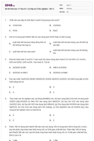 Đề thi Hóa học 11 Học kì 1 có đáp án (Trắc nghiệm - Đề 1)