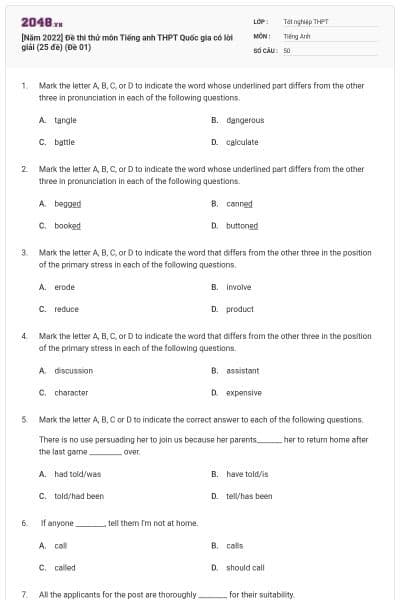 [Năm 2022] Đề thi thử môn Tiếng anh THPT Quốc gia có lời giải (25 đề) (Đề 01)