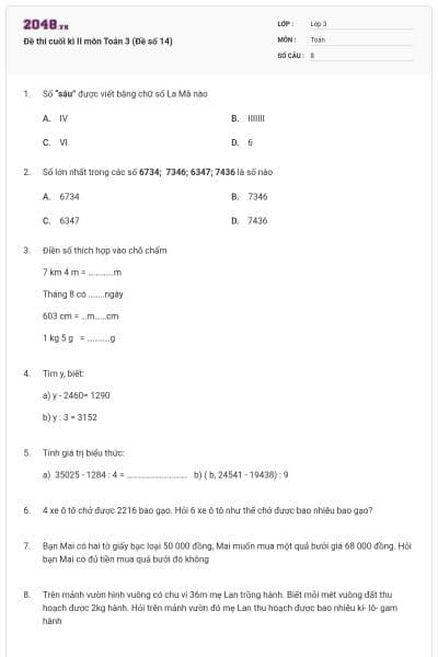 Đề thi cuối kì II môn Toán 3 (Đề số 14)