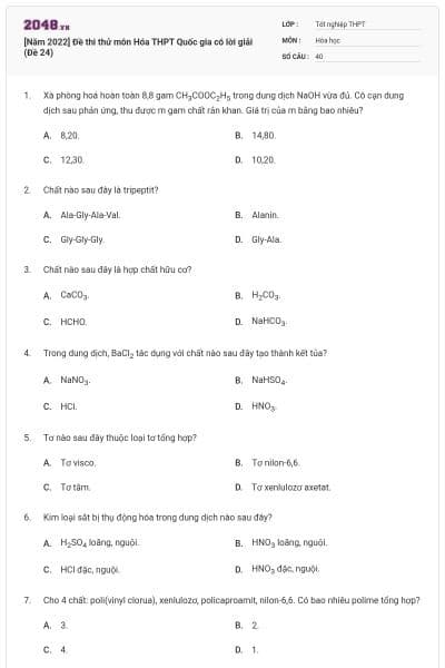 [Năm 2022] Đề thi thử môn Hóa THPT Quốc gia có lời giải (Đề 24)