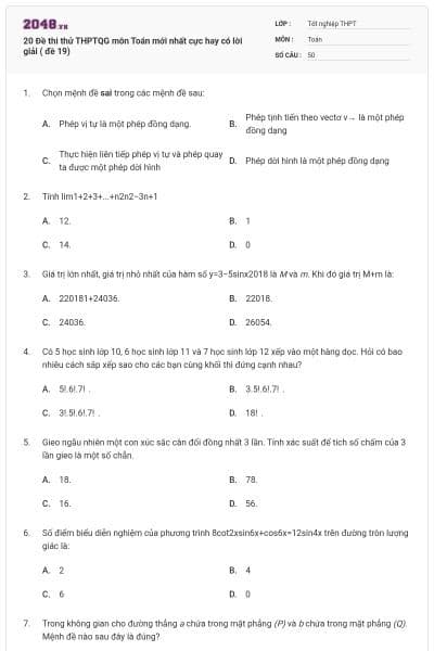 20 Đề thi thử THPTQG môn Toán mới nhất cực hay có lời giải ( đề 19)