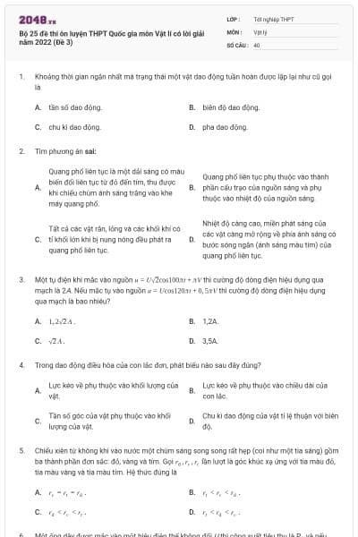 Bộ 25 đề thi ôn luyện THPT Quốc gia môn Vật lí có lời giải năm 2022 (Đề 3)