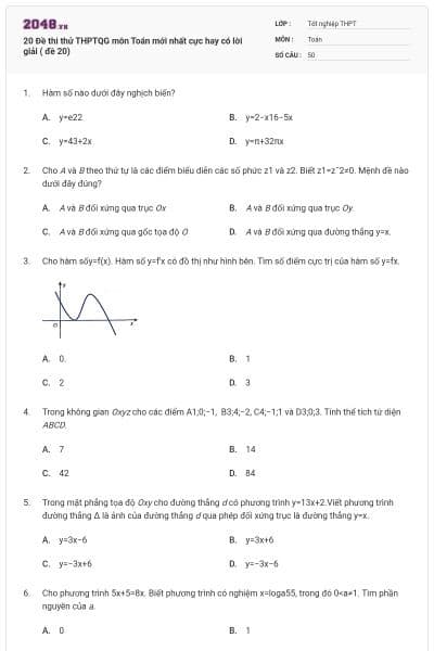 20 Đề thi thử THPTQG môn Toán mới nhất cực hay có lời giải ( đề 20)