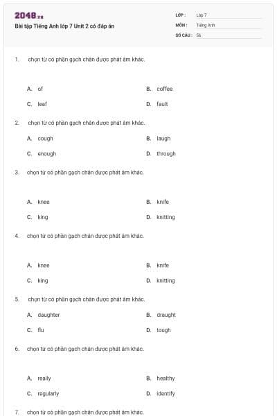 Bài tập Tiếng Anh lớp 7 Unit 2 có đáp án