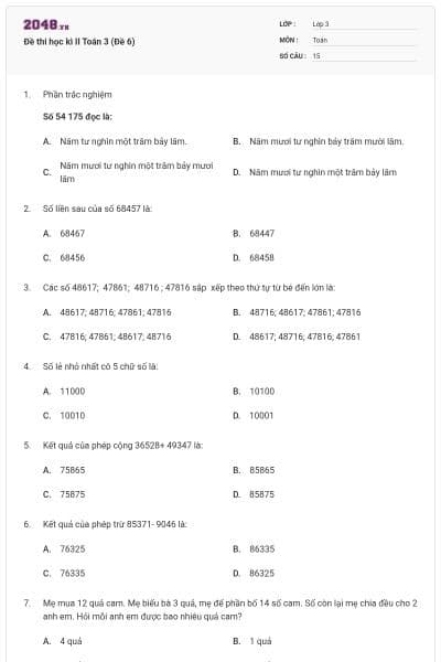 Đề thi học kì II Toán 3 (Đề 6)