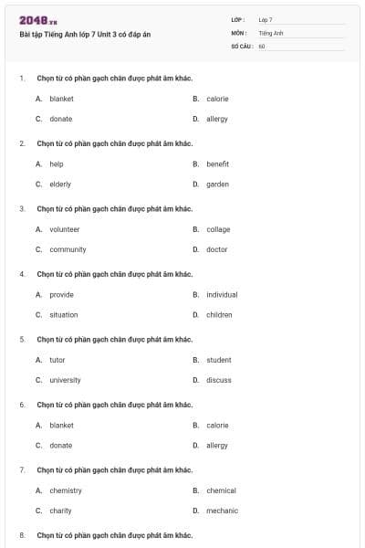 Bài tập Tiếng Anh lớp 7 Unit 3 có đáp án