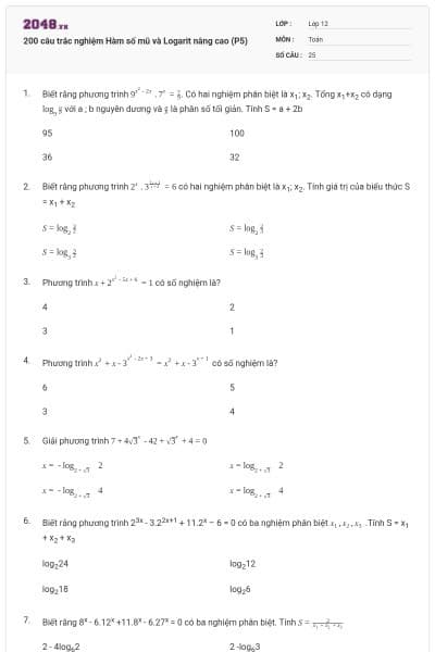 200 câu trắc nghiệm Hàm số mũ và Logarit nâng cao (P5)