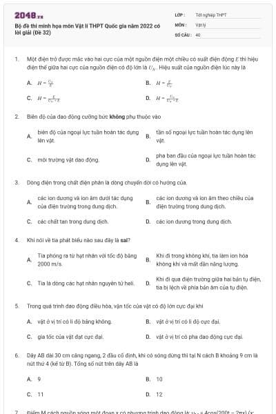 Bộ đề thi minh họa môn Vật lí THPT Quốc gia năm 2022 có lời giải (Đề 32)
