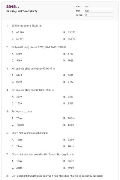 Đề thi học kì II Toán 3 (Đề 7)