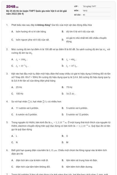 Bộ 25 đề thi ôn luyện THPT Quốc gia môn Vật lí có lời giải năm 2022 (Đề 4)