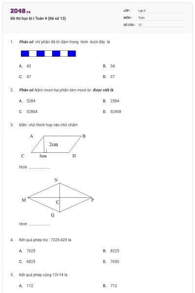 Đề thi học kì I Toán 4 (Đề số 13)