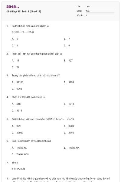 Đề thi học kì I Toán 4 (Đề số 14)