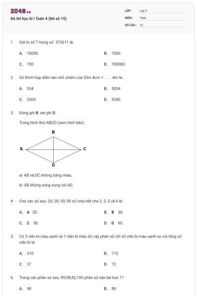 Đề thi học kì I Toán 4 (Đề số 15)