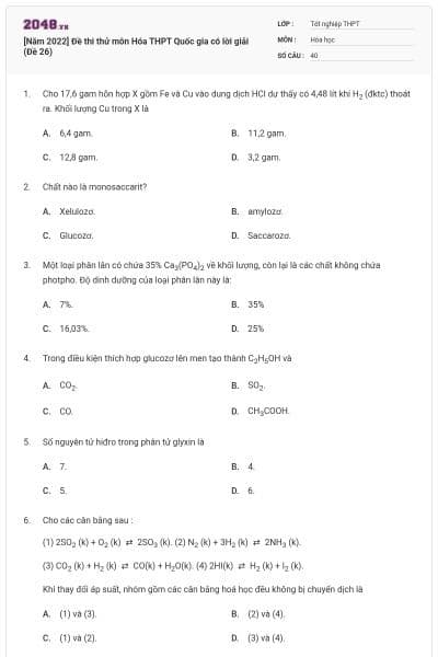 [Năm 2022] Đề thi thử môn Hóa THPT Quốc gia có lời giải (Đề 26)