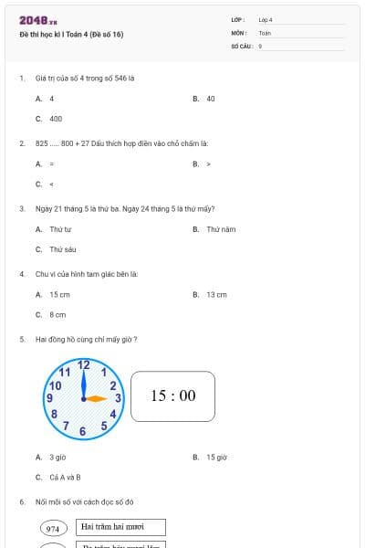 Đề thi học kì I Toán 4 (Đề số 16)