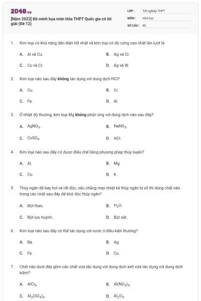 [Năm 2022] Đề minh họa môn Hóa THPT Quốc gia có lời giải (Đề 12)