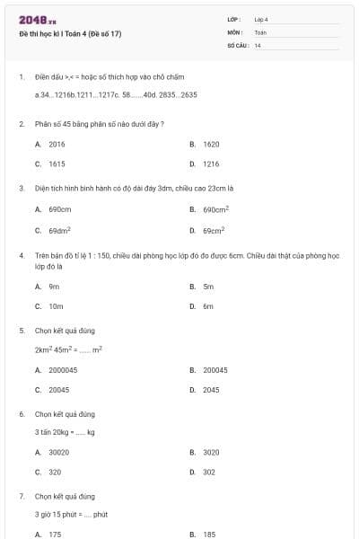 Đề thi học kì I Toán 4 (Đề số 17)