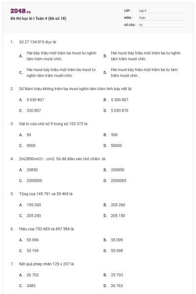 Đề thi học kì I Toán 4 (Đề số 18)