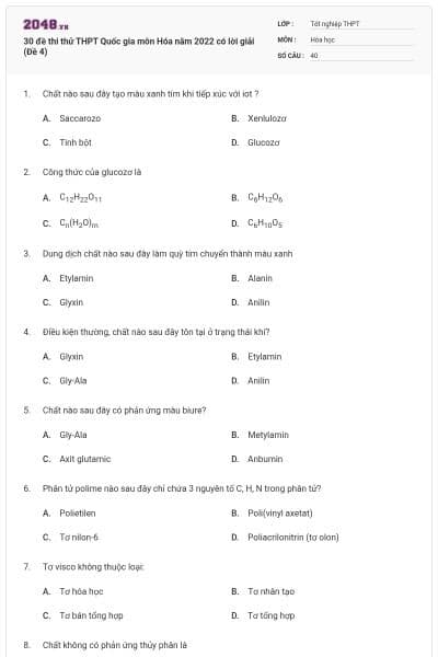 30 đề thi thử THPT Quốc gia môn Hóa năm 2022 có lời giải (Đề 4)