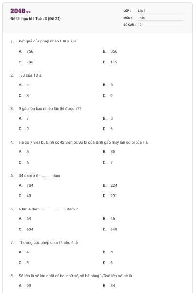 Đề thi học kì I Toán 3 (Đề 21)