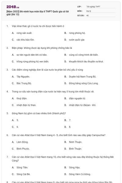 [Năm 2022] Đề minh họa môn Địa lí THPT Quốc gia có lời giải (Đề 13)