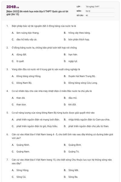 [Năm 2022] Đề minh họa môn Địa lí THPT Quốc gia có lời giải (Đề 15)