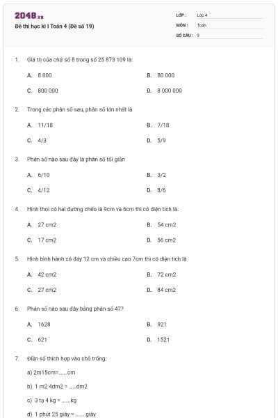 Đề thi học kì I Toán 4 (Đề số 19)