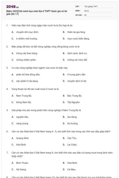 [Năm 2022] Đề minh họa môn Địa lí THPT Quốc gia có lời giải (Đề 17)