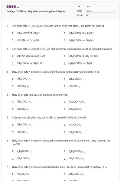 Hóa học 12 Bài tập thủy phân este đơn giản có đáp án
