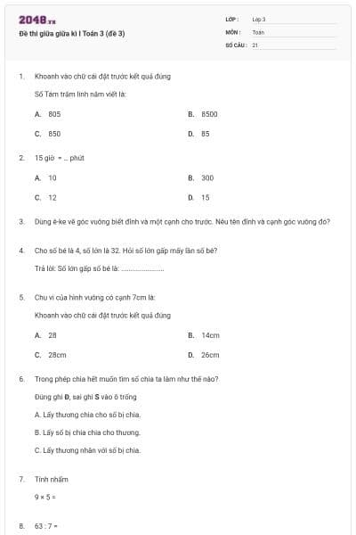 Đề thi giữa giữa kì I Toán 3 (đề 3)