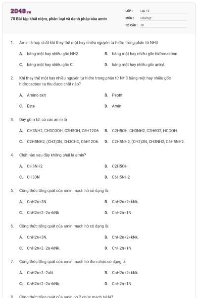 70 Bài tập khái niệm, phân loại và danh pháp của amin