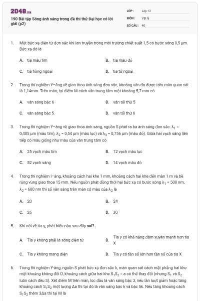 190 Bài tập Sóng ánh sáng trong đề thi thử Đại học có lời giải (p2)