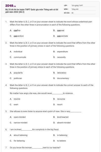 Bộ 25 đề thi ôn luyện THPT Quốc gia môn Tiếng anh có lời giải năm 2022 (Đề 2)