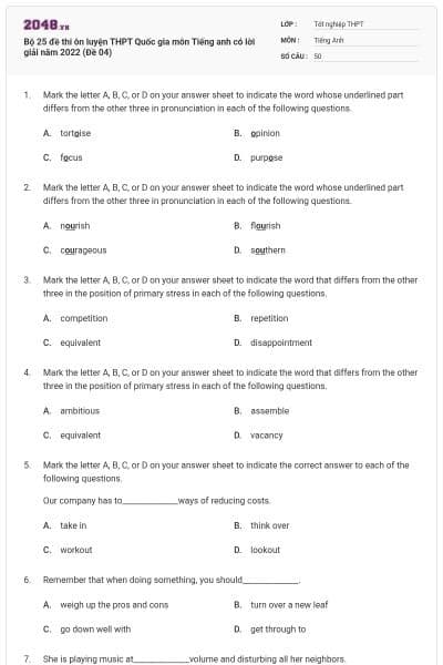 Bộ 25 đề thi ôn luyện THPT Quốc gia môn Tiếng anh có lời giải năm 2022 (Đề 04)