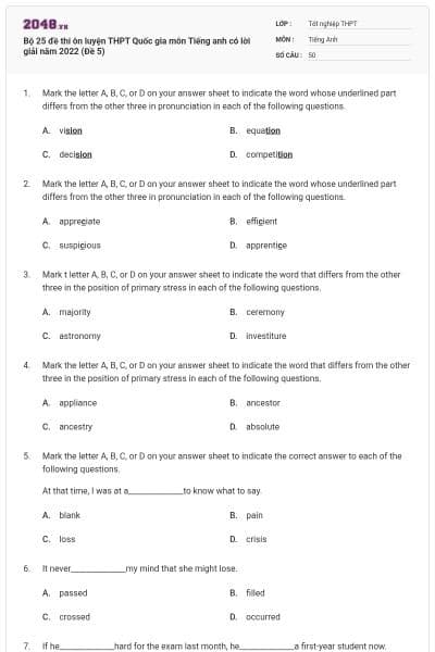 Bộ 25 đề thi ôn luyện THPT Quốc gia môn Tiếng anh có lời giải năm 2022 (Đề 5)