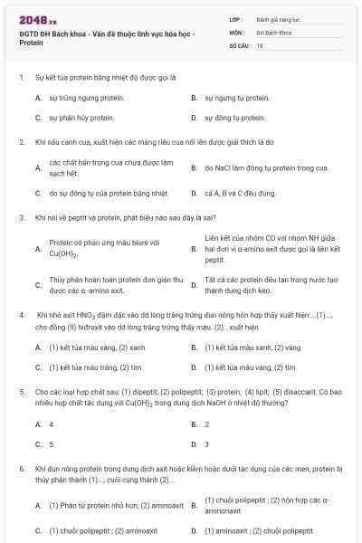ĐGTD ĐH Bách khoa - Vấn đề thuộc lĩnh vực hóa học - Protein