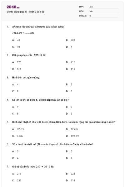 Đề thi giữa giữa kì I Toán 3 (đề 5)