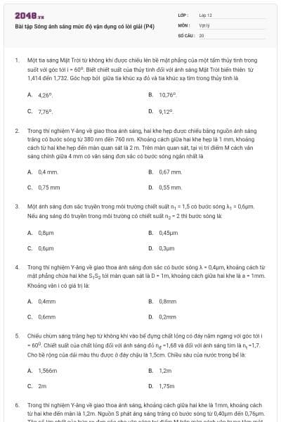 Bài tập Sóng ánh sáng mức độ vận dụng có lời giải (P4)