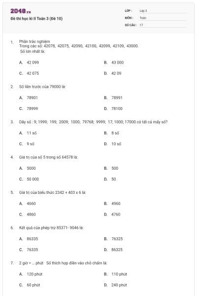 Đề thi học kì II Toán 3 (Đề 10)